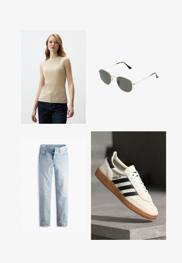 Haut sans manches beige avec des plis verticaux, un col montant et une texture lisse, associé à un pantalon en denim bleu foncé.; Chemise blanche à manches longues, boutonnée, en coton, avec un col classique, un plastron à boutons et un ourlet légèrement incurvé.; Jean en denim bleu clair avec une coupe droite, deux poches avant et deux poches arrière. Comprend une braguette à deux boutons et une couture subtile.; Baskets en daim blanc avec des bandes navy, semelle en caoutchouc gomme, tige texturée, bout rond et lacets ; arbore un logo sur le côté et sur la languette.; Lunettes de soleil en métal doré avec des verres vert foncé, de style aviateur, dotées de branches fines et d'accents en écaille de tortue sur les embouts.