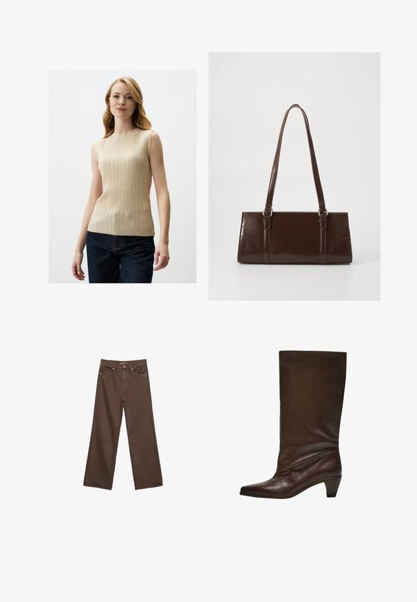 Beige ärmelloses Oberteil mit vertikalen Falten, hohem Hals und glatter Textur, kombiniert mit dunkelblauen Jeans.; Weite braune Jeans aus Denim, mit hoher Taille, Fronttaschen und klassischem Knopfverschluss. Glatte Textur mit feinen Nähten.; Dunkelbraune Lederstiefel bis zur Mitte der Wade mit niedrigem Blockabsatz, spitzem Schuh sowie leicht schlaffem Schaft vor einem weißen Hintergrund.; Braune Lackleder-Handtasche in rechteckiger Form, mit zwei langen Griffen und subtilen, geschwungenen Akzenten auf der Vorderseite.