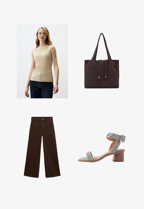 Top beige senza maniche con pieghe verticali, colletto alto e texture liscia, abbinato a pantaloni in denim blu scuro.; Pantaloni larghi marroni in misto cotone, caratterizzati da orlo sfrangiato, chiusura frontale con bottone e classico design a cinque tasche. Minimalisti e versatili.; Next FOREVER COMFORTREGULAR FIT - Sandali - blue; Mango Shopping bag - dark brown
