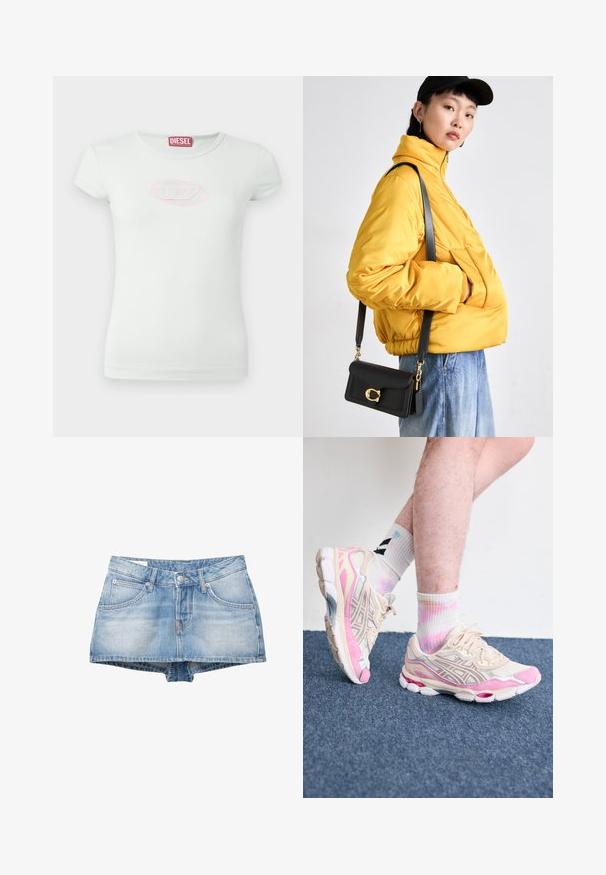 Světlounce zelené tričko s krátkým rukávem vyrobené z měkké bavlny; na hrudi má růžovou vyšívanou oválnou nášivku; kulatý výstřih.; Džínové šortky světle modré barvy s vybledlým vzhledem. Obsahuje pět kapes a zapínání na předním knoflíku. Klasický střih se rovním lemem.; Beige a růžové sportovní tenisky se stříbrnými akcenty, síťovanými vrstvami a robustní podrážkou. Na nohou jsou barevné, batikované ponožky.; Žlutá vyteplená bunda s vysokým límcem a přední kapsou, doplněná černou kabelkou přes rameno se zlatými detaily. K tomu casual džíny.