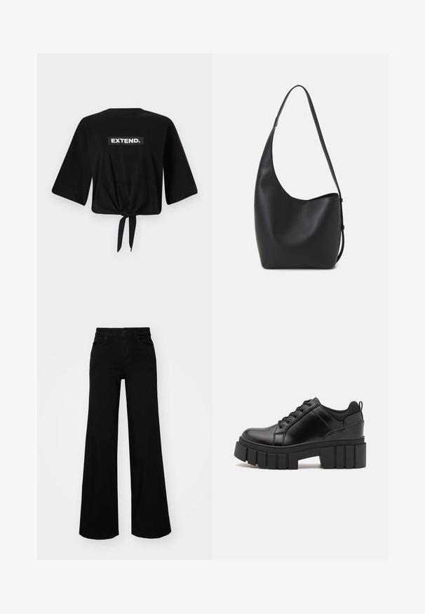 Črna majica s širokimi rokavi, skrajšano obliko in zavezanim vozlom na hrbtni strani. Ima belo pravokotno oznako s tekstom "EXTEND."; Črne široke denim hlače s strukturiranim pasom, z zankami za pas in sprednjimi žepi. Gladka tekstura s klasičnim dizajnom.; Črne usnjene platforme z debelim blokastim petam, okroglo konico in klasičnim vezanjem. Imajo gladko teksturo in minimalne podrobnosti.; Črna usnjena hobo torba z gladko teksturo, ukrivljeno obliko in eno nastavljivo naramnico; ima širok odprtina na vrhu.