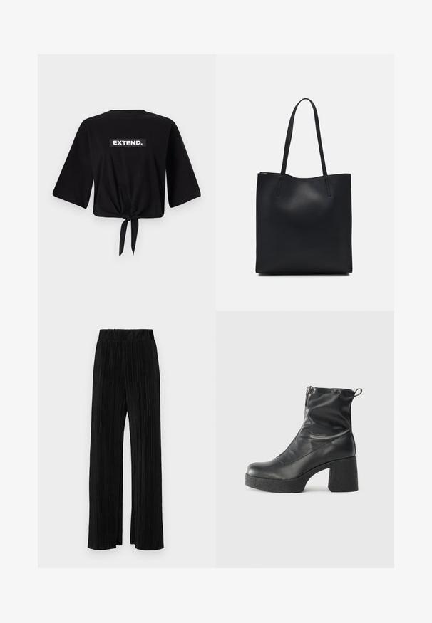 Svart T-skjorte med vide ermer, kort design og knyttet knute bak. Har et hvitt rektangulært merke med teksten "EXTEND."; Sorte plisserte bukser med elastisk midje. Har vide ben og et glatt, strukturert stoff med vertikale striper.; Svarte ankelstøvler laget av glatt lær, med glidelås på siden, chunky strukturert hæl, og rund tå-design.; Svart lær tote bag med glatt tekstur, rektangulær form og to lange håndtak. Ingen synlige deler eller dekorasjoner.