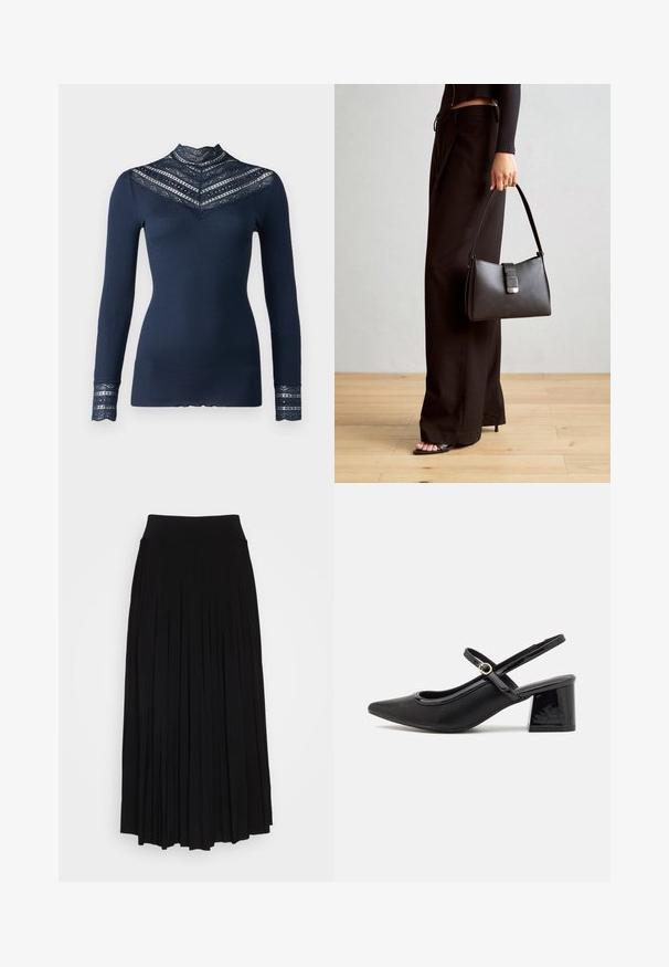 Rosemunde BENITA REGULAR T NECK - Camisola de manga comprida - navy;  saia preta plissada com uma cintura alta e elástica. Feita de um tecido macio, com plissados verticais que criam uma silhueta fluida.; Sabrinas de cerâmica preta com salto bloco, bico apontado e um design com recortes arredondados. Apresenta um detalhe em fivela de tom dourado.; Bolsa preta com forma estruturada, textura suave e um fecho metálico. Combinada com calças largas pretas e sandálias de salto aberto sobre um chão de madeira.