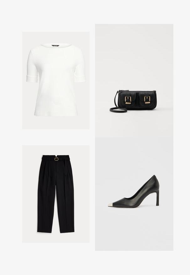 Fehér, testhezálló felső, csónaknyakú, rövid, hajtott ujjakkal és sima, puha anyagból készült. Egyszerű, minta és díszítés nélküli kialakítás.; Fekete, magas derekú nadrág övvel, húzott elejű és széles szárú kialakítással. Sima anyagból készült, klasszikus szabással.; Fekete bőr magas sarkú cipő hegyes orral és fém ezüst orrtippel. Simább kivitelű, karcsú, 10 cm-es sarokkal.; Fekete bőr keresztbody táska két elülső zsebbel, arany csattokkal, cipzáras záródással és vékony pánttal. Textúrált felület és kompakt téglalap alak.