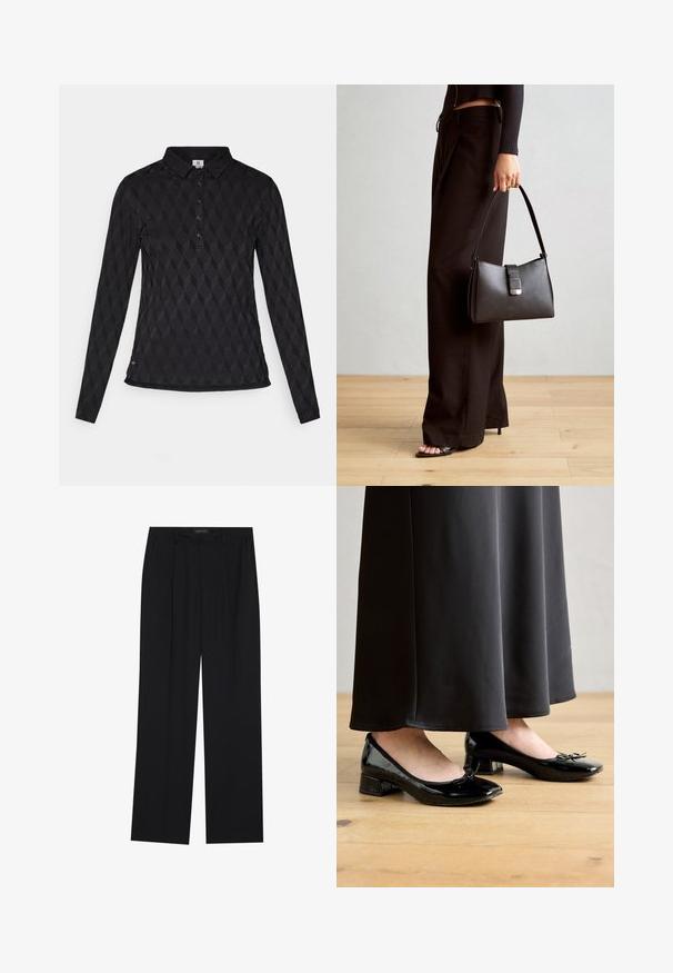 Černá polokošile s dlouhým rukávem, texturovaným diamantovým vzorem, knoflíkovou légou a límečkem, s rovnými lemy.; Černé kalhoty se střihem rovného nohavice, které mají dvě přední kapsy a pas. Vyrobené z hladkého, lehkého materiálu.; Černé lakované baletní střevíce s mašlí, nízkým blokovým podpatkem a kulatou špičkou, nošené s dlouhou černou sukní na dřevěné podlaze.; Černá kabelka se strukturovaným tvarem, hladkým povrchem a kovovým uzávěrem. Kombinována s širokými černými kalhotami a sandály s otevřenou špičkou na dřevěné podlaze.