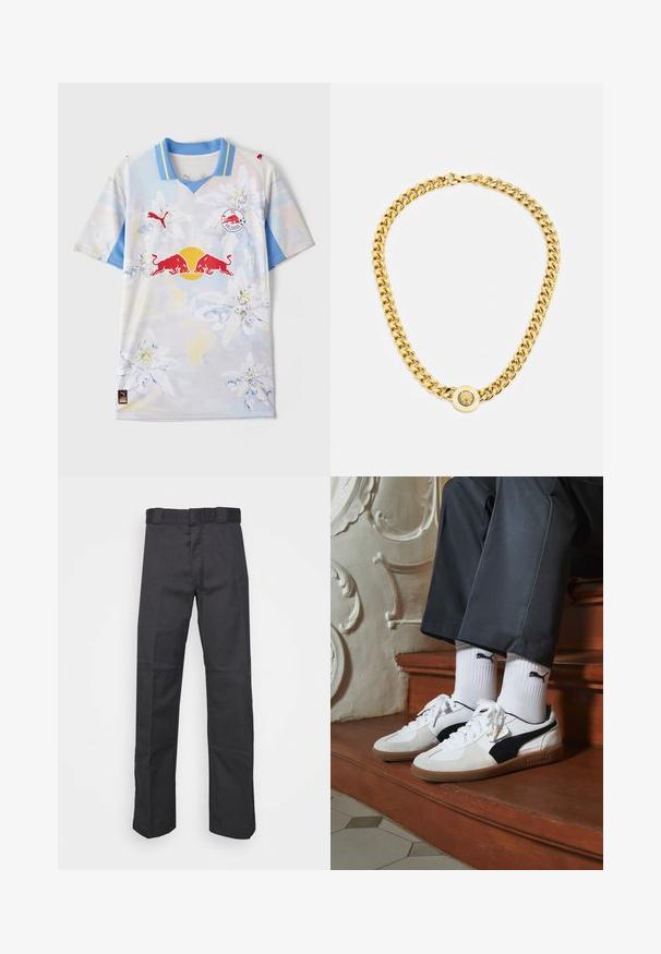 Majica s kratkimi rokavi svetlo modre in bele barve s cvetličnim vzorcem, ki ima rdeče logotipe in ovratnik v obliki črke V. Narejena iz materiala, ki odvaja vlago.; Črne hlače iz trpežnega blaga, z ravnim krojem, pasom z zankami za pas in šivi za dodano teksturo.; Puma superge v beli in črni usnjeni izvedbi, sročene s rjavim gumijastim podplatom. Usklajene z belimi nogavicami z črnim logotipom, nosijo se s temnimi hlačami.; Zlata verižica z velikimi medsebojnimi povezavami, ki ima v središču krožni obesek z izbočenim grbom.