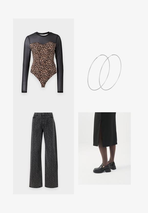 Pikend käistega bodysuit, millel on must võrgusilmast pealisosa ja leopardimustriga torso, südamekujuline dekoltee ja üsene kujundus.; Noisy May NMJANNEL LOOSE - Avar lõikega teksad - black denim; Mustad mustad jalatsid ümmarguse varbaga, paksu plokkniidi ja elastsete külgdetailidega, kombineeritud tumedate sukkade ja musta lõhikuga seelikuga.; Hõbedased rõngastikkaehingad minimalistlikus disainis. Ümar kuju, sile tekstuur ja õhuke profiil. Kerged ning poleeritud viimistlusega.