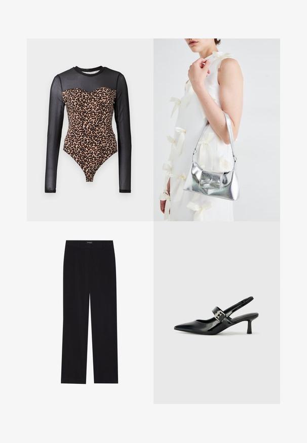 Long-sleeved bodysuit featuring a black mesh top and a leopard print pattern on the torso, with a sweetheart neckline and fitted shape.; Black corduroy trousers with a straight cut, featuring a flat waistband and no visible pockets, smooth texture, and vertical ribbing detail.; Black patent leather slingback heels with a pointed toe and a small block heel, featuring a silver buckle accent on the strap.; Silver metallic handbag with a structured shape, featuring a top handle and bow detail on the front. Smooth texture, reflective finish.