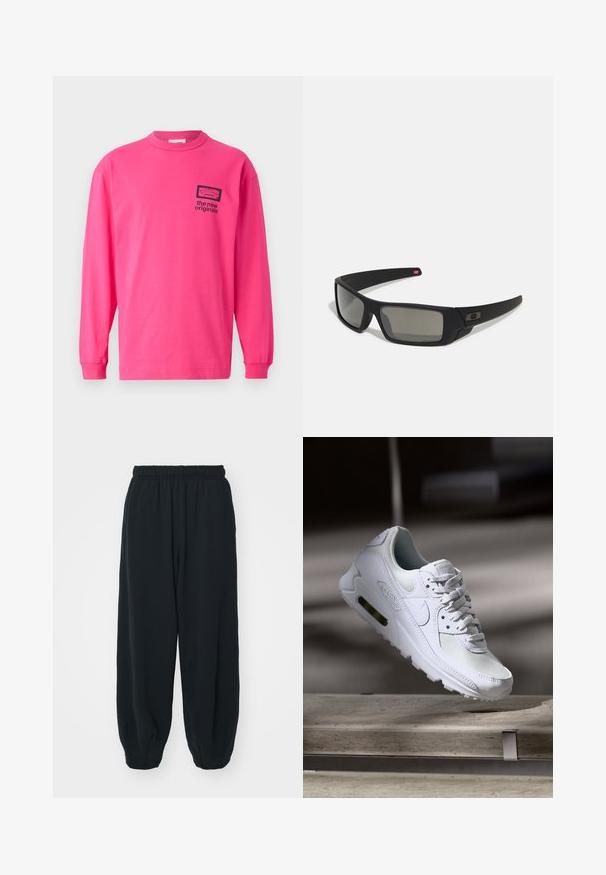 T-shirt de manga longa rosa feito de algodão, apresentando um pequeno logotipo gráfico preto e texto na área do peito esquerdo. Gola redonda e corte relaxado.; Calças de fato de treino pretas, com cintura elástica e um corte solto, com punhos nas pernas, textura suave e sem padrões visíveis ou detalhes de metal.; Sapatilha Nike Air Max 90 branca com parte superior em malha e couro, caixa de dedos perfurada e uma unidade de ar visível no calcanhar.; Óculos de sol pretos com acabamento mate, lentes retangulares, leve curvatura nas hastes, detalhe sutil do logo e lentes de cor fumada.
