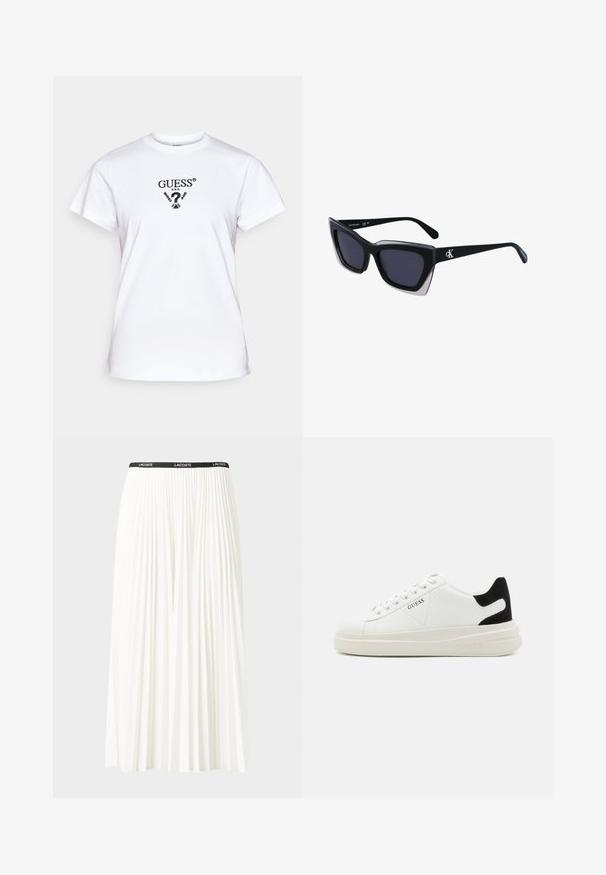 T-shirt branca de algodão com decote redondo, mangas curtas e uma estampa gráfica preta com o texto "GUESS® U.S.A." na frente.; Saia plissada branca com uma cintura elástica preta que apresenta o logótipo "LACOSTE". Design de comprimento médio com textura suave.; Sapatilhas brancas de couro com uma sola branca espessa, detalhe em camurça preta no calcanhar e logótipo em relevo na lateral. Design com atacadores e seis ilhós.; Óculos de sol oversized pretos com forma geométrica, apresentando lentes escuras e um detalhe cinza em contraste na armação. Logotipo na haste.