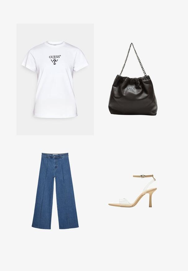 Biała bawełniana koszulka z okrągłym dekoltem, krótkimi rękawami i czarnym nadrukiem graficznym z napisem "GUESS® U.S.A." z przodu.; Jeans typu wide-leg w średnim niebieskim kolorze, z wysokim stanem, zapięciem na guziki oraz kontrastowymi szwami pionowymi z przodu.; Przezroczysta sandał z obcasem, z przezroczystą cholewką, beżową wkładką i smukłym paskiem w okolicy kostki. Posiada spiczasty czubek i cienki wysoki obcas.; Brązowa skórzana torba z marszczonym szczytem i łańcuszkowym paskiem. Gładka tekstura z błyszczącym wykończeniem i subtelnymi detalami szwów po bokach.