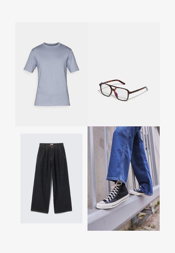 DRYKORN RAPHAEL - Tricou basic - blau; Jeans largi de culoare albastru închis, cu pliseuri în față, buzunare înclinate, bucle pentru curea și închidere cu nasture la talie, etichetate "WEEKDAY."; Tenisi negri tip gheată cu talpă și șireturi albe, asortați cu blugi albaștri largi, sprijiniți pe un balustradă gri.; Ochelari cu rame în model țestoasă, cu lentile dreptunghiulare, rame negre și portocalii, având un finisaj lucios și temple subțiri.