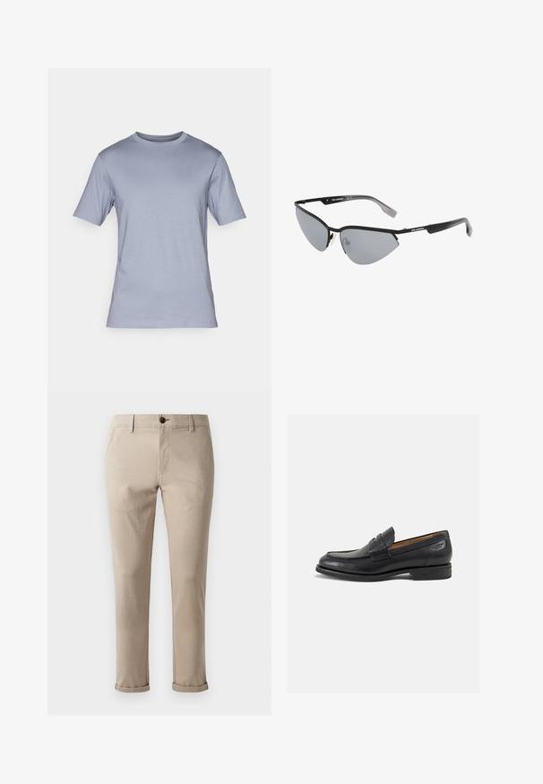 DRYKORN RAPHAEL - T-shirts - blau; Jack & Jones JPSTMARCO FURY - Chinos - atmosphere; Sorte lær loafers med en glat overflade, rund tå og dekorativ syning på forfoden. Lav stablet hæl og let glans.; Sorte solbriller med vinklede, kattøye-design. Sølvfargede speilglass. Slanke, lette plastik rammer med subtil merking på stengene.