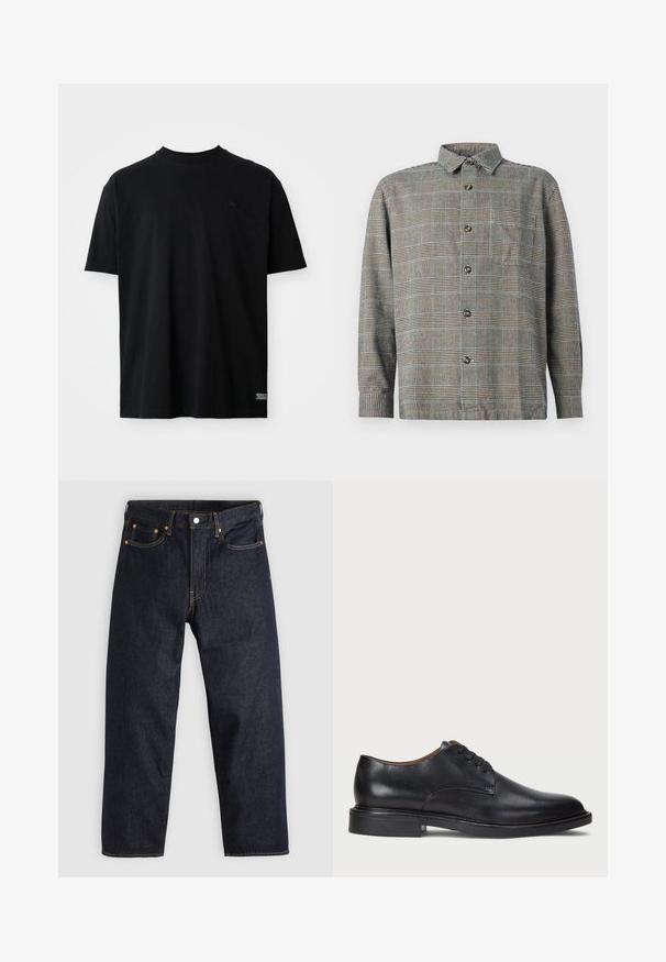 Crna pamučna majica kratkih rukava s okruglim izrezom. Ima mali logo na prsima i etiketu na donjem rubu.; Košulja dugih rukava, s uzorkom bež i crnih kockica, s kragnom i prednjim džepom na plain pozadini.; Tamno plave traperice ravnog kroja, s pet džepova, kontrastnim narančastim šavovima i dugmetom za zatvaranje. Nema vidljivih uzoraka ili ukrasa.; Crne kožne cipele s okruglim vrhom, vezanjem i niskim stogom. Glatka tekstura s minimalnim šavovima.