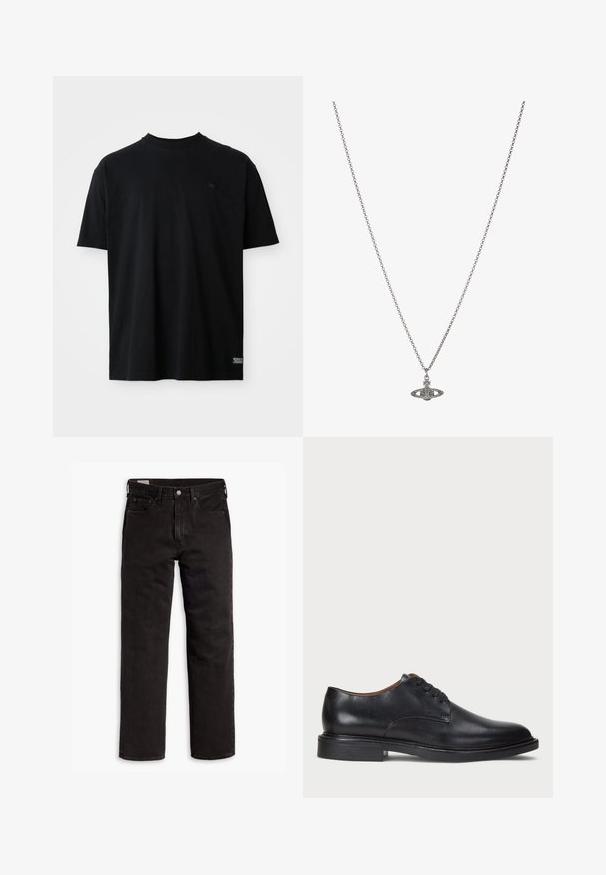 Camiseta de algodón negra con mangas cortas y cuello redondo. Presenta un pequeño logo en el pecho y una etiqueta en el dobladillo inferior.; Vaqueros de mezclilla negros de pierna recta con cinco bolsillos, cierre de botón y trabillas para cinturón, dispuestos sobre un fondo blanco.; Zapato de vestir de cuero negro con punta redonda, diseño con cordones y un tacón bajo apilado. Textura lisa con detalles de costura mínimos.; Collar de cadena de plata que presenta un colgante detallado en forma de planeta, adornado con pequeños acentos y patrones intrincados.