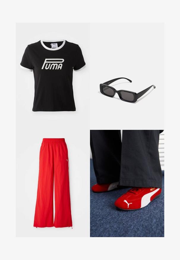 Schwarzes Baumwoll-T-Shirt mit weißen Akzenten am Kragen und an den Ärmeln. Mit einem großen weißen Puma-Logo auf der Vorderseite. Klassischer Schnitt.; Rote Weitbeine-Hosen aus leichtem Material, mit elastischem Bund, Seitentaschen und einem dezenten Logodetail an der Seite.; Rote Wildledersneaker mit weißen Akzenten, aus strukturiertem Material, mit runder Zehenpartie und einem goldenen Logo an der Seite, getragen mit schwarzen Hosen.; Schwarze rechteckige Sonnenbrille mit dunklen Gläsern, glänzender Oberfläche, breiten Bügeln und einem klobigen Rahmen-Design. Gravierter Markenname auf einem Bügel.