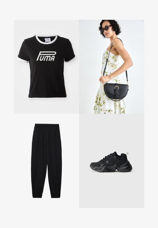 Mustvalge puuvillane t-särk, millel on valge ääris krael ja varrukatel. Esipaneelil on suur valge Puma logo. Klassikaline lõige.; Mustad, kerge kangas püksid elastse vöökoha ja kokku volditud pahkluudega. Kanga pind on sile ja disain on lõdvestunud, kitsenev.; Mustad Nike, mis ühendab sujuvaid ja tekstuuriga materjale, paksud tallad, ümar kuju ja dekoratiivne õmblemine. Omab pehmet ja luksuslikku ääret.; Mustmust mustraha kõverate joontega, eemaldatava rihmaga ja kuldsete detailidega. Kotil on klapp, millel on pandladetail.