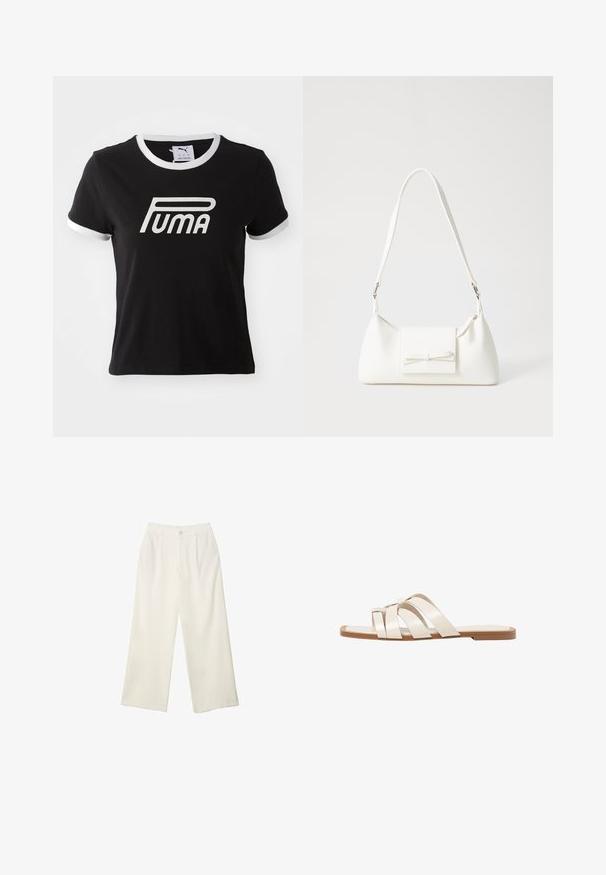 Čierne bavlnené tričko s bielym lemovaním na golieri a rukávoch. Na prednej strane má veľké biele logo Puma. Klasický strih.; Široké nohavice z krémovej látky s hladkou textúrou, s jedným predným gombíkom, jemnými skladmi a vysokým pásom.; Ploché sandále s hnedou gumovou podrážkou, navrhnuté s tromi prekrývajúcimi sa bielymi koženými popruhmi a malou mašličkou uprostred.; Biela syntetická kabelka s trojuholníkovým tvarom, plochým predným klapkou a detailom mašle, nastaviteľným popruhom, hladkou textúrou a minimalistickým dizajnom.