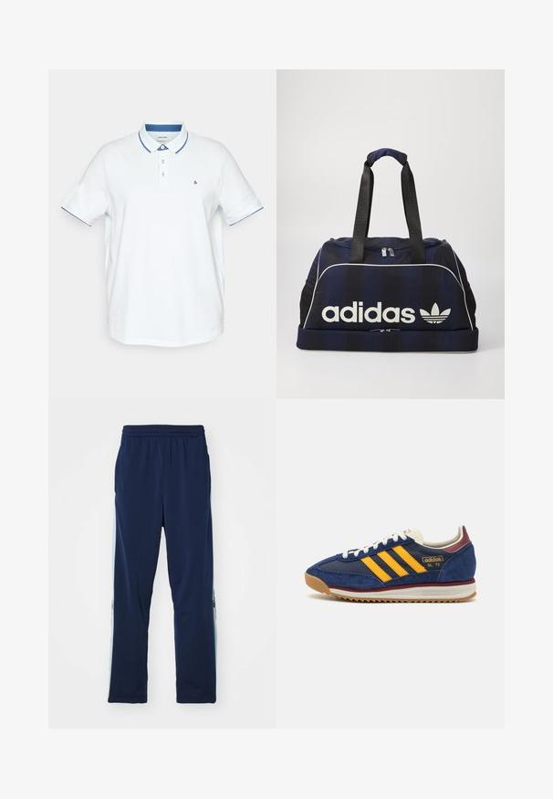 Jack & Jones JJEPAULOS SS NOOS PLS - Polokošeľa - soothing sea; Námornícke tepláky vyrobené z elastického materiálu, so širokým elastickým pásom, rovnými nohavicami a svetlými bočnými panelmi s logami.; Námorné semišové tenisky so žltými pruhmi, bielymi šnúrkami a vínovými akcentmi. Textúrovaná podrážka so zarezmi pre trakciu. Logo značky na boku.; Námorný športový vak s bielym logom Adidas, s uzatváraním na zips, dvoma pevným čiernymi uchami a bočnými sieťovanými vreckami. Hladký textúra látky.