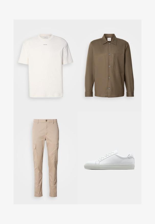 White cotton T-shirt featuring a round neck, short sleeves, and embroidered "Calvin Klein" logo at the chest center. Plain design.; Brown button-up shirt with a collar, long sleeves, a chest pocket, and smooth texture. Features grey buttons along the front.; Beige cargo pants with two side pockets, slim fit, made of lightweight fabric, featuring a front button closure and belt loops.; White sneaker with a smooth leather upper and a low profile. Features a rounded toe, six eyelets, and a textured rubber sole.
