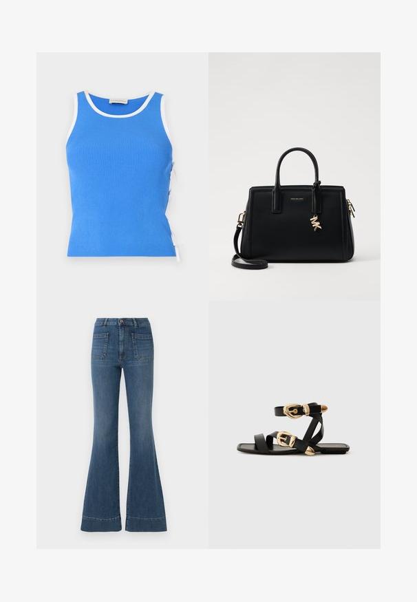Modrá rebrovaná tielko s bielym obšitím, s nastaviteľnými bočnými viazaniami pre lepšie prispôsobenie. Materiál sa zdá byť mäkký s priliehavým strihom.; Rozšírené modré džínsy v strednom praní, s vysokým pásom, piatimi vreckami a miernym vyblednutím okolo kolien a stehien.; Čierne kožené sandále so zlatými prackami, s viacerými pásikmi a plochou podrážkou pre otvorené nosenie.; Čierna kožená kabelka so štruktúrovaným dizajnom, dvojitými hornými uchami, odnímateľným ramenným popruhom, zlatými kovovými detailmi a akcentom logového prívesku.