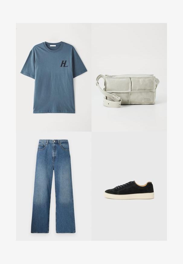 Tricou din bumbac albastru cu mânecă scurtă, prezentând un logo întunecat "HL" pe piept. Materialul are o textură netedă și un decolteu rotund.; Jeans din denim albastru cu picioare largi, având un design clasic cu cinci buzunare, închidere frontală cu nasture și o ușoară decolorare pentru textură.; Adidași negri din suede, cu un design low-top, șireturi asortate, talpă din cauciuc texturat crem și o siluetă minimalistă.; MM6 Maison Margiela TOP HANDLE MINI BAG UNISEX - Geantă crossbody - vaporous grey