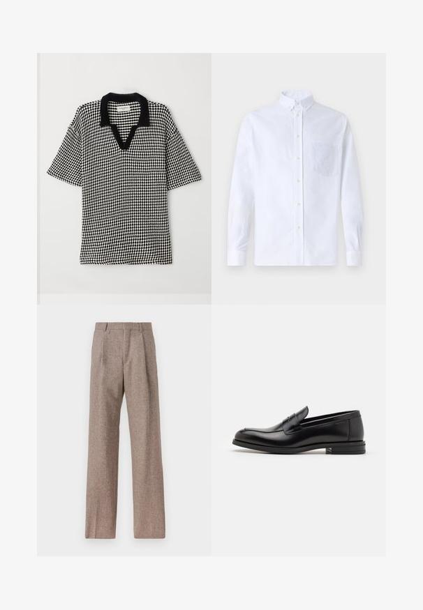 Čierno-biela polo tričko s kockovaným vzorom, s výstrihom do V a kontrastným čiernym golierom. Krátke, široké rukávy poskytujú voľný strih.; Biely dlhý rukáv košeľa s gombíkmi vyrobená z bavlny, s náprsného vrecka s tonálnou výšivkou, golierom a gombíkovými manžetami.; Hnedé, vysoké nohavice vyrobené z texturovanej látky. Majú široké nohavice a dva predné záhyby pre štruktúru. Úhľadné spracovanie bez viditeľného kovania.; Čierne kožené mokasíny s hladkou textúrou, zaoblenou špičkou a dekoračným pásikom cez priehlavok. Nízky vrstvený opätok, minimalistický dizajn.