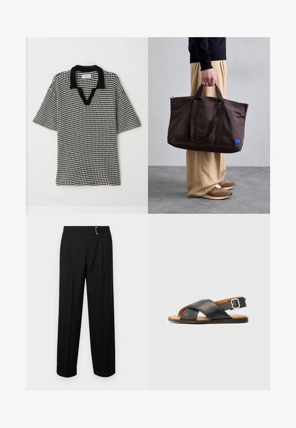 Mustvalge polo särk, millel on ruuduline muster, V-kaelus ja kontrastne must krae. Lühikesed, laiad varrukad tagavad mugava istuvuse.; Mustad mustriga mustad püksid sirge säärega, millel on vöökohal silmused ja metallist lõpp. Valmistatud siledast kangast, millel on kohandatud viimistlus.; Must musta sandaal, millel on ristuvad rihmad, avatud varvas ja pahkluu rihm, millel on metallist pandla. Pruun sisetald ja must tald. Lihtne disain.; Pruun nailonist kott kahekordsete käepidemetega, lukuga sulgemine ja sinine logo silt. Sile tekstuur, struktureeritud disain, avar sisemus.