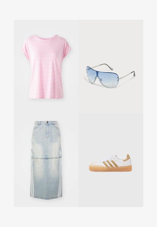 Gaiši rozā svītrains īsroku T-krekls ar apaļu kakla izgriezumu. Mīksts audums, brīvs griezums, ar vienmērīgiem horizontāliem svītrainiem dažādās platumos.; Gaiši zils denim midi svārks ar sānu svītrām, pieguļošu vidukli un priekšējām kabatām. Nolietots raksts piešķir detaļas.; Baltie sporta apavi ar beigžu akcentiem, ar trim svītrām, noapaļota purngala daļa un caurspīdīga gumijas zole. Gluda ādas un tekstila materiālu kombinācija.; Pilotstila saulesbrilles ar gradienta zilām lēcām, sudraba metāla rāmjiem un dekoratīvām zvaigžņu akcentiem uz lēcām. Gluda un eleganta dizaina.