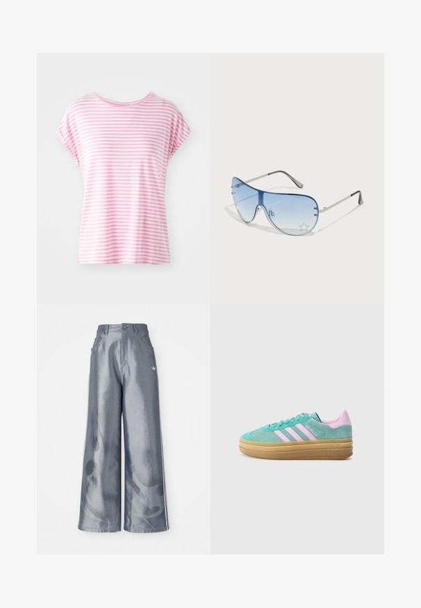 Világos rózsaszín csíkos, rövid ujjú póló kerek nyakkivágással. Puha anyag, laza fit, egyenletes vízszintes csíkokkal, változó szélességben.; Fényes szürke anyagú, bőszárú nadrág, fehér oldalsávokkal és lángmintával az alsó lábakon. Gombos és cipzáras záródás a deréknál.; adidas Originals GAZELLE BOLD - Sportcipő - powder teal/bliss lilac/pure teal; Pilóta napszemüveg, melynek áttetsző kék lencséje, ezüst fém kerete és díszes csillag díszítések találhatók a lencsén. Simogató és elegáns dizájn.