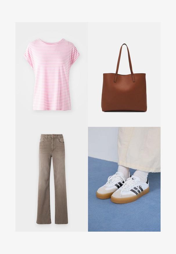 Heled roosad triibulised lühikeste varrukatega T-särgid, ümar kaelus. Pehme kangas, mugav lõige, millel on ühtlased horisontaalsed triibud erinevates laiuses.; Pruunid kõrge vöökohtadega sirged teksad, millel on ees nupp, vöölõngad ja klassikaline viie tasku disain valgel taustal.; Valged tossud mustade triipudega ja beeži nahaga aktsentidega. Omavad tekstuuriga kummist talla ja lamedaid valgeid paelu, kantud heledate sokkidega.; Pruun nahast tote-kott, millel on sile tekstuur, avatud ülaosa disain ja kaks õlarihma. Omab minimaalset õmblust ja nähtavat riistvara ei ole.