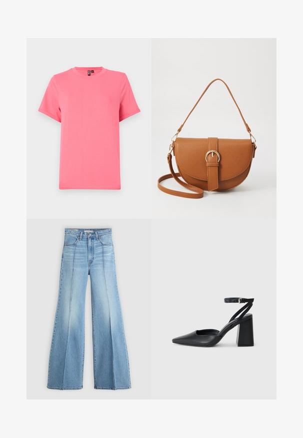T-shirt rosa brilhante de manga curta, feita de algodão suave; possui um decote arredondado e um corte descontraído, com punhos de manga enrolados e uma textura suave.; Jeans de cintura alta em azul claro, com pernas largas, bolsos dianteiros e traseiros, passantes para cinto e detalhes de costura vertical na parte da frente.; Sandal com biqueira afilada em couro preto, com cinta no tornozelo e salto grosso. Textura lisa, design elegante e estética minimalista.; Bolsa transversal de couro castanho com um formato curvado, ferragens douradas e um detalhe de fivela. Inclui uma alça de ombro destacável.