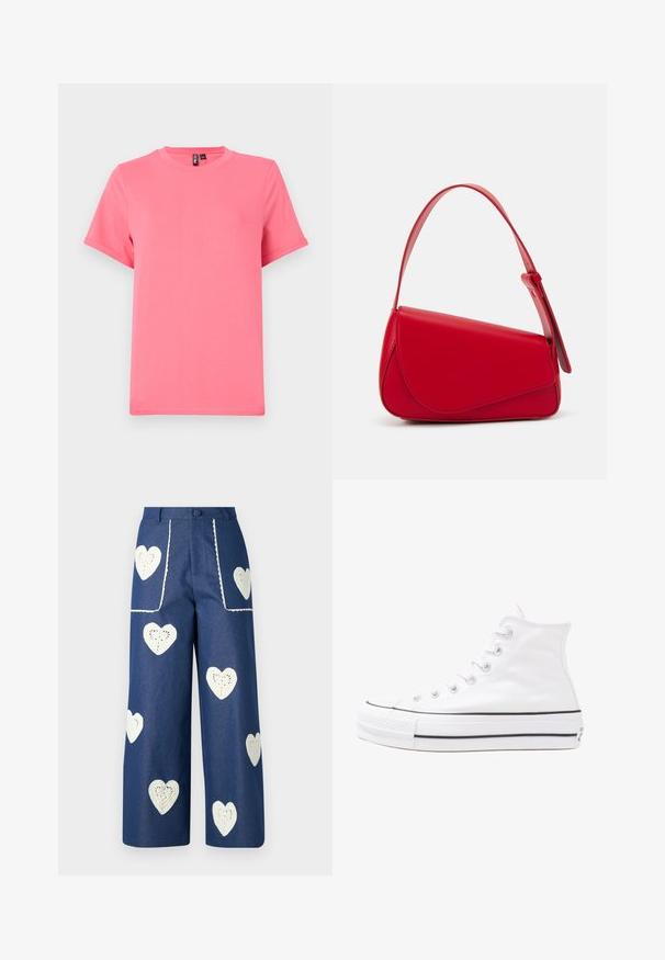 Lys pink kortærmet t-shirt lavet af blød bomuld; har rund halsudskæring og afslappet pasform med opsmøgede ærmekanter og en glat overflade.; Sister Jane HEART TO HEART - Jeans Straight Leg - blue denim; Hvide høje kanvas sneakers med sort gummisål, gummitåhætte foran og seks øjehuller til snørebånd, der har et rent, minimalistisk design.; Rød læderhåndtaske med et kantet, geometrisk design. Har en enkelt justerbar rem og en klaplukning med syede detaljer.