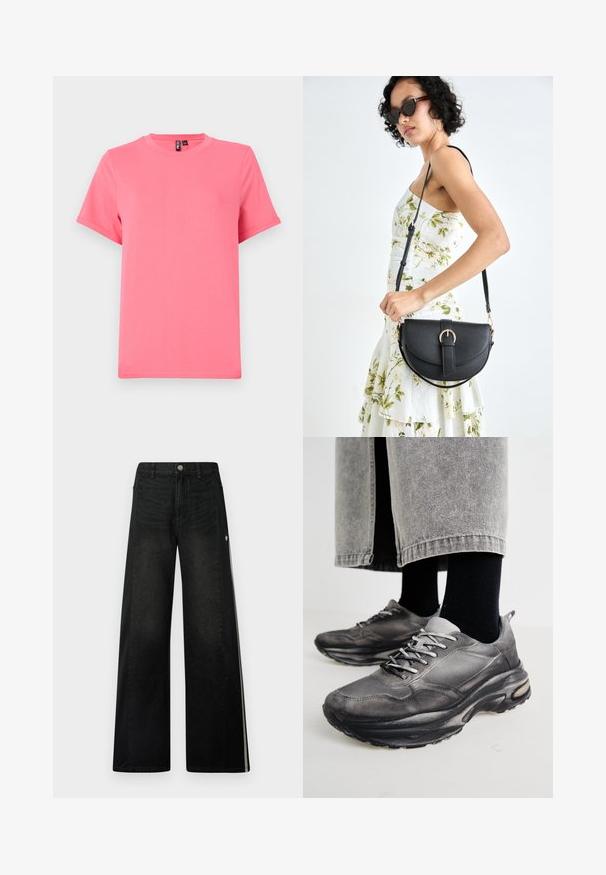 Jasně růžové tričko s krátkým rukávem vyrobené z jemné bavlny; má kulatý výstřih a volný střih, s ohrnutými manžetami a hladkou texturou.; Široké černé džíny s kontrastními černými bočními panely. Mají klasickou denimovou texturu, stříbrné zapínání a bílé akcentační pruhy.; Černé a šedé sportovní boty mají síťovaný svršek, silné podrážky a šněrování. Mají zaoblenou špičku a viditelné polstrování.; Černá kožená kabelka s křivkovým tvarem, odnímatelným popruhem a zlatými detaily. Kabelka má klopu s přezkou.