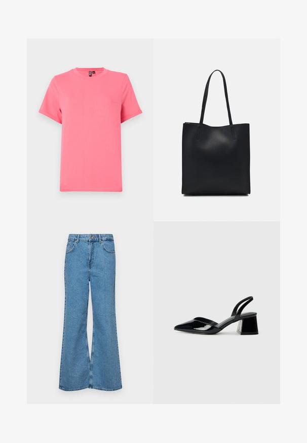 Bright pink short-sleeve t-shirt made of soft cotton; features a round neckline and relaxed fit, with rolled sleeve cuffs and a smooth texture.; Light blue flared jeans made of denim, featuring a high waist, five pockets, and a single button closure. Soft texture with faded finish.; Black patent leather slingback heels with a pointed toe and a geometric block heel. Features a sleek, minimal design and smooth texture.; Black leather tote bag with smooth texture, rectangular shape, and two long handles. No visible hardware or embellishments.