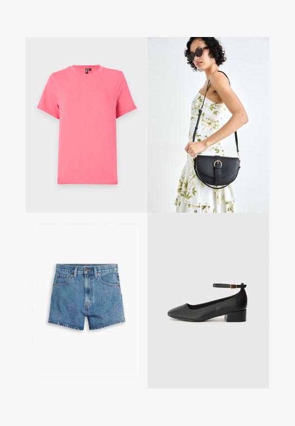 Bright pink short-sleeve t-shirt made of soft cotton; features a round neckline and relaxed fit, with rolled sleeve cuffs and a smooth texture.; Denim shorts in light blue, featuring five pockets, a zip fly, and a button closure. The hem is frayed with a relaxed fit design.; Black leather pump with a pointed toe and a low block heel. Features an ankle strap with a gold-tone buckle. Smooth texture.; Black leather handbag with a curved shape, detachable strap, and gold hardware. The bag features a flap with a buckle detail.