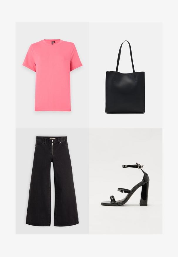 Lys pink kortærmet t-shirt lavet af blød bomuld; har rund halsudskæring og afslappet pasform med opsmøgede ærmekanter og en glat overflade.; Vide ben jeans i sort denim med lynlås foran, fem lomme-design og subtile stikninger. Glat tekstur og afslappet stil.; Sorte patenterede hælsandaler med firkantet tå, ankelremme og sølvspænder. Har en chunky blokHæl for stabilitet.; Sort læder tote taske med glat tekstur, rektangulær form og to lange hanke. Ingen synlig hardware eller udsmykninger.