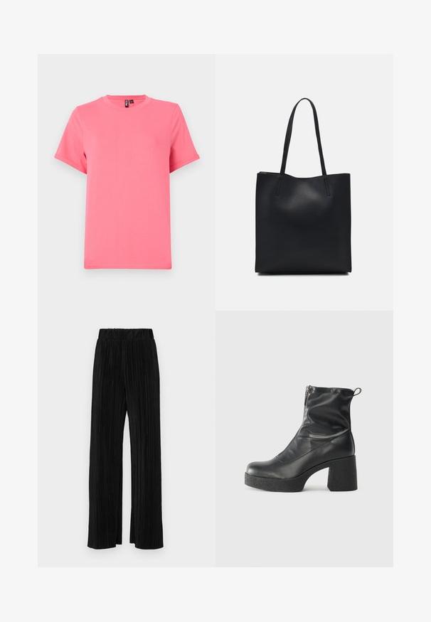 Lyhyet hiharat kirkkaan vaaleanpunaiset t-paita, joka on valmistettu pehmeästä puuvillasta; se on varustettu pyöreällä kaula-aukolla ja rentolla istuvuudella, jossa on käännetyt hihansuut ja sileä tekstuuri.; Mustat pleatatut housut, joissa on joustava vyötärö. Ominaisuuksiin kuuluvat leveät lahkeet ja sileä, teksturoitu kangas, jossa on pystysuoria raitoja.; Mustat nilkkurit, jotka on valmistettu sileästä nahasta. Niissä on sivuvetoketju, paksu teksturoitu korko ja pyöristetty kärki.; Mustapahkainen kangaskassi, jossa on sileä pinta, suorakaiteen muotoinen ja kaksi pitkää kahvaa. Ei näkyvää metalliosaa tai koristeita.