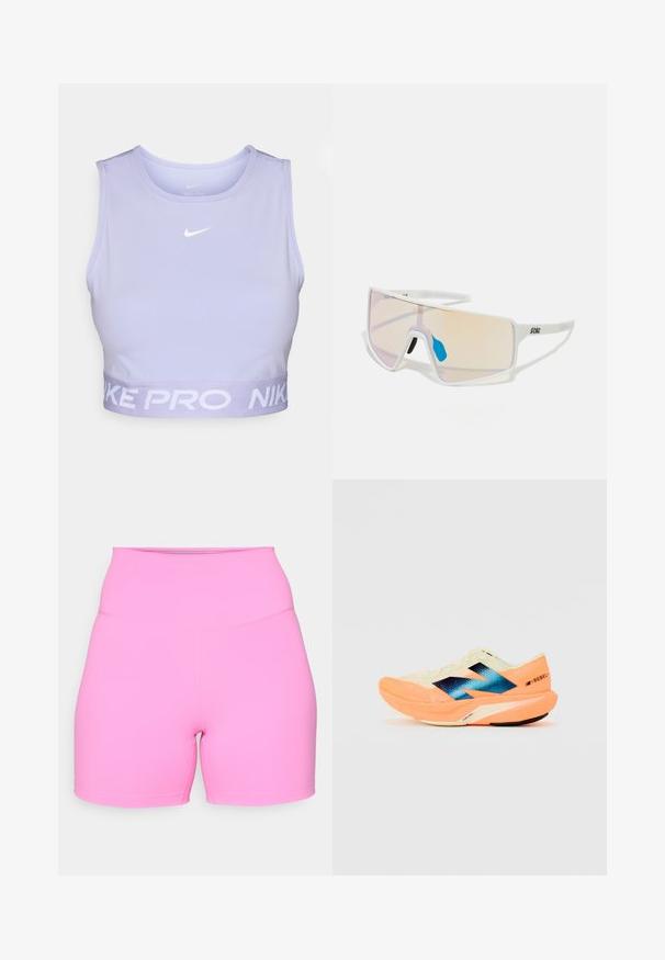 Svetlo vijoličast Nike Pro crop top, brezrokavni dizajn, z belim logotipom na prsih in zvitim pasom, ki vsebuje napis "NIKE PRO" v belem tisku.; Roza kratke hlače z visokim pasom, narejene iz elastičnega materiala, s gladko teksturo in kratko dolžino nogavic, zravnane šive za udobje.; Tekšča za tek z lahkotnim kremnim zgornjim delom, modrim logotipom in oranžnimi poudarki na podplatu. Mrežasta tekstura za zračnost.; Sončne naočale s belim okviru in velikimi, gradientnimi lečami, ki prehajajo iz roza v svetlo oranžno, ter z modrim nosnim delom in logotipom.