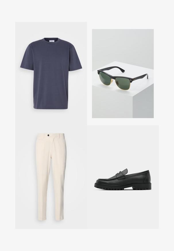 T-shirt de manga curta azul marinho feito de algodão, com decote redondo e bainha reta. Design simples, sem padrões ou detalhes.; Calças elegantes bege com frente lisa, fecho de botão único e dois bolsos laterais angulados. Tecido liso com um corte slim e perna afunilada.; Sapatilhas de couro preto com bico arredondado, apresentando um design cosido, sola de plataforma baixa e um solado de borracha texturizado e com cravos.; Óculos de sol Ray-Ban com lentes verdes, armação de plástico preto e detalhes em dourado nas bordas. Forma quadrada com acabamento mate.