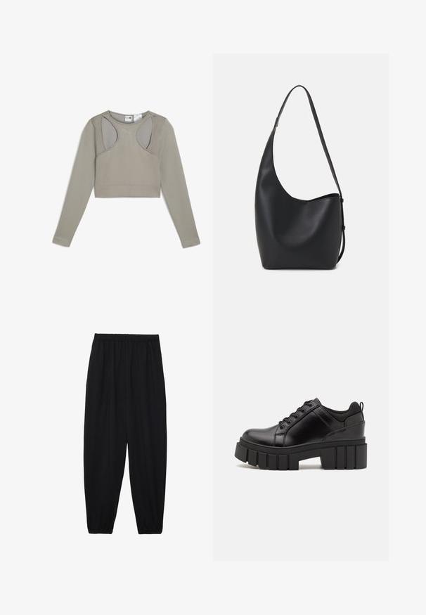 Svetlošedý, rebrovaný top s dlhým rukávom, skrátený, s výrezmi na pleciach a diskrétnym logom. Má priliehavý strih a štruktúrovanú látku.; Čierne, ľahké nohavice s elastickým pásom a zúženými nohavicami. Tkanina je hladká a má voľný, zúžený strih.; Čierne kožené platformy s masívnym blokovým podpätkom, okrúhlou špičkou a tradičným šnurovaním. Má hladký povrch a minimálne detaily.; Čierna kožená hobo taška so hladkou textúrou, zakriveným tvarom a jedným nastaviteľným popruhom; má široké otvorenie na vrchu.