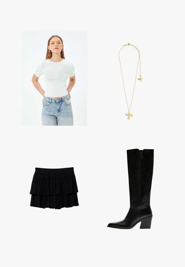 Valkoinen ribattu lyhythihainen tiukka toppi pyöreällä kaula-aukolla, yhdistettynä vaaleansinisiin korkeavyötäröisiin farkkuihin, joissa on klassiset taskut ja nappi.; Mustat kerrokselliset mini-hameet, joissa on röyhelömuotoilu, pehmeä kangas ja mukavuutta varten joustava vyötärö. Liikkuva rakenne kerroksittain.; Mustat polvimittaiset saappaat, jotka on valmistettu sileästä nahasta. Saappaissa on terävä kärki, tukevat korko ja V-muotoinen leikkaus ylhäällä.; Pilgrim DREAM - Kaulakoru - gold plated