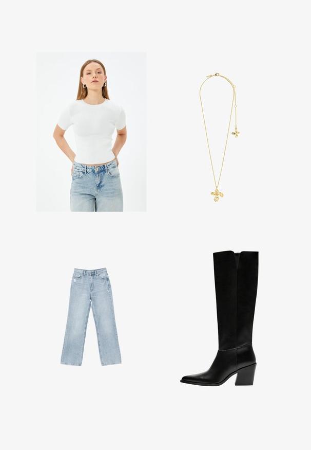 Weißes, geripptes, tailliertes T-Shirt mit rundem Halsausschnitt, kombiniert mit hellblauen, hochgeschnittenen Jeans, die klassische Taschen und einen Knopf aufweisen.; Hellblaue Jeans aus Denim mit weiter Beinform, mit Used-Details, fünf Taschen und einem Reißverschluss.; Schwarze kniehohe Stiefel aus glattem Leder, mit spitzem Schuhbund, einem Blockabsatz und einem V-förmigen Ausschnitt an der Oberseite.; Pilgrim DREAM - Halskette - gold plated