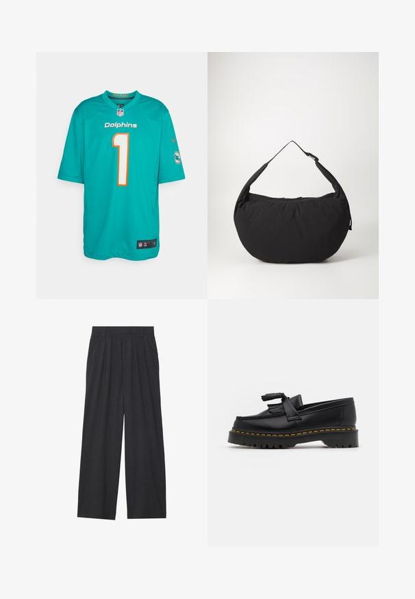Miami Dolphins mez zöldeskék színben, narancssárga részletekkel, rajta a fehér "1"-es szám. Könnyű anyagból készült, rövid ujjú, hálós oldalrészekkel.; Sötétszürke anyagból készült, bő szárú nadrág. Ráncokkal a deréknál, elegáns fazonnal és egyenes sziluettel rendelkezik.; Fekete bőr mokaszin, rojtos díszítéssel, masszív fekete talppal és sárga varrással az élén. Texturált felület.; Fekete szövet válltáska ívelt formával, egyetlen pánttal és cipzáras záródással. Puha tapintás, minimalista dizájn.