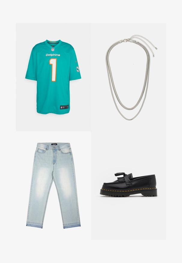 Miami Dolphins teal värvi särk oranžide aktsentidega, number "1" valges. Valmistatud kergest kangast, lühikeste varrukatega ja võrgupooltega.; Pegador BARROW - Loose fit teksad - sand washed blue; Mustmust musta loafer, millel on frantsiisi aktsent, paks must tald ja kollane õmblus servas. Tekstuuriga viimistlus.; Kolmekihiline hõbedane metallkaelakee, mis on valmistatud peentest, paindlikest kettidest kerge läikega, kinnitatud krabi sulguri ja reguleeritava ketiga.
