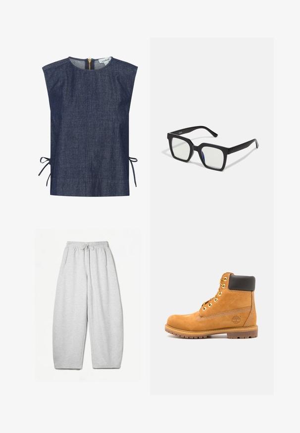 Tamno plavi traper gornji deo sa visokim izrezom, kratkim rukavima i bočnim vezicama. Ima zlatni zip zatvarač na leđima i glatku teksturu.; Svijetlosivi dukserica s opuštenim krojem, elastičnim pojasom, vezicom i bočnim džepovima; izrađeni od mekanog, teksturiranog materijala.; Smeđe kožne gležnjače s crnim podstavama, zlatnim umetkom i teksturiranim potplatom. Imaju kružni logo sa strane i šavove kao naglaske.; Crne sunčane naočale s mat finishem, s transparentnim lećama i blagim plavim tonom s jedne strane. Robustan, angularan dizajn.