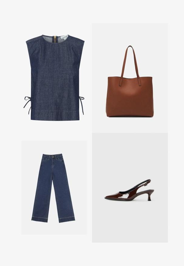 Tume sinine teksasüvelise, kõrge kaelusega, lühikeste varrukatega ning külge seotud detailidega. Tagaküljel on kuldne lukustus ja sile tekstuur.; Laiad püksid tumedast sinisest denimist. Omab viit taskut, vöölõke ja toore äärega allosas, kus on nähtavad õmblused.; Pruun patentnahast slingback tossud terava nina ja mõõduka kandega. Omab pandla rihma kindla istuvuse tagamiseks. Sile tekstuur.; Pruun nahast tote-kott, millel on sile tekstuur, avatud ülaosa disain ja kaks õlarihma. Omab minimaalset õmblust ja nähtavat riistvara ei ole.