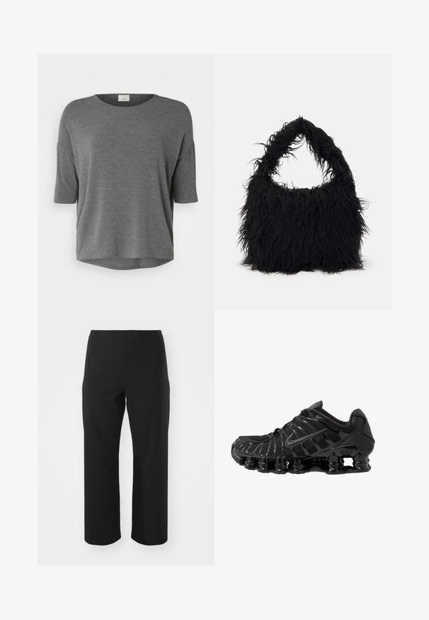 Grå kortermet topp i mykt stoff, med en avslappet passform, rund halslinning og buet nederkant. Ingen distinkte mønstre eller detaljer.; Svart-og-hvitt stripete t-skjorte med korte ermer, med klippt krage og knappelukking, med en stor og lett passform.; Vero Moda Curve VMCAUGUSTA PANT - Bukse - black; Sorte joggesko med mesh-overdel og glansfulle detaljer. Har buet fjæringssystem og teksturerte linjer på siden. Nike-logoen er synlig.; Even&Odd Shoppingveske - black