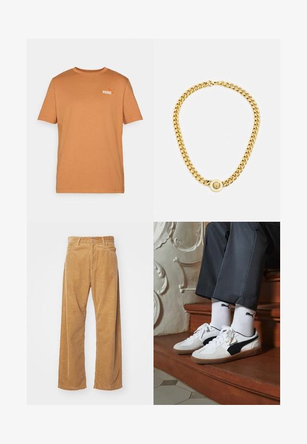 Kortærmet T-shirt med rund hals i en varm brun nuance, lavet af blød bomuld; har et lille orange Puma-logo på øverste venstre side.; Bredde corduroybukser i en tan farve. Har teksturerede, vertikale ribber, en standard talje og to frontlommer.; Puma sneakers i hvid og sort ruskind med en brun gummisål. Bæres med hvide sokker med et sort logo og mørke bukser.; Guldkæde med store sammenflettede led, der har en cirkulær vedhængdetalje i midten med et forhøjet emblem.