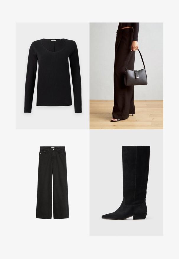 Black long-sleeve t-shirt with a V-neck design, made from soft fabric with a smooth texture. Simple, classic cut with no embellishments.; Wide-leg black denim jeans with a high waist. Features five pockets, metal hardware, and a clean finish. The texture is smooth and soft.; Black suede knee-high boots with a pointed toe and a low block heel, featuring a smooth texture and minimal stitching detail.; Black handbag with structured shape, smooth texture, and a metallic clasp. Paired with wide black pants and open-toe sandals on wooden floor.